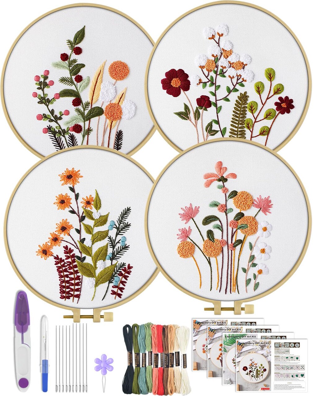 4 Sets Embroidery Kit for Beginners,Hummingbird and Flower Cross Stitch Set for Include Embroidery Cloth Hoops Threads for Craft Lover Hand Stitch (Flowers and Plants)